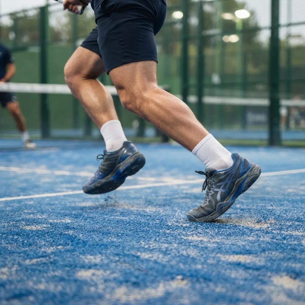 Player's feet mid-stride on court