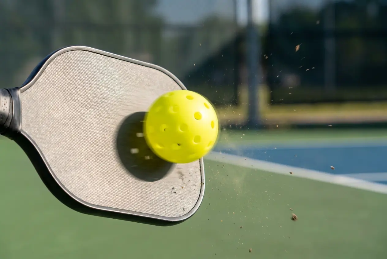 Close-up of a paddle making contact with the ball mid-swing