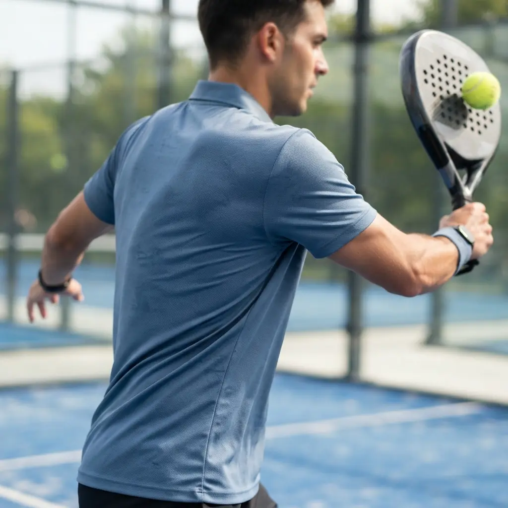 Player's torso during a powerful swing at the net
