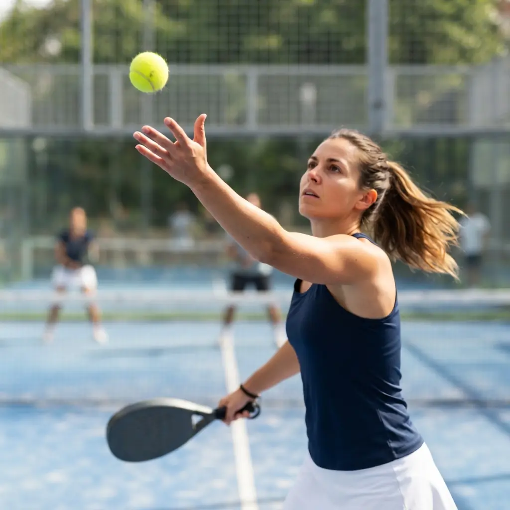 Player preparing for a serve, focus on hand and paddle position
