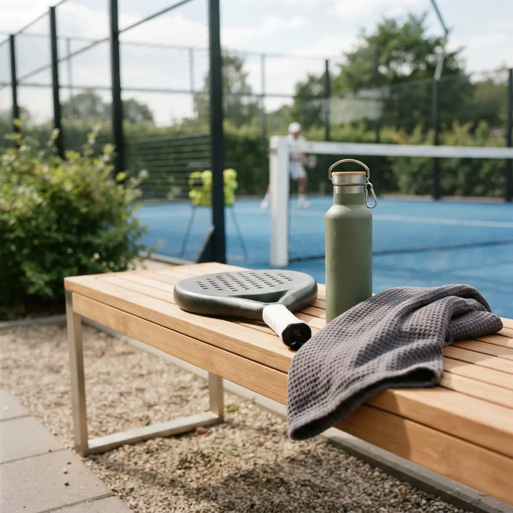 Pickleball paddle resting on a courtside bench beside a water bottle and bag