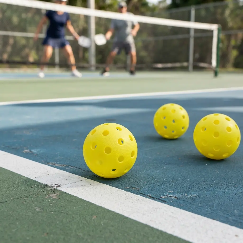 Pickleball frozen mid-flight during an outdoor rally
