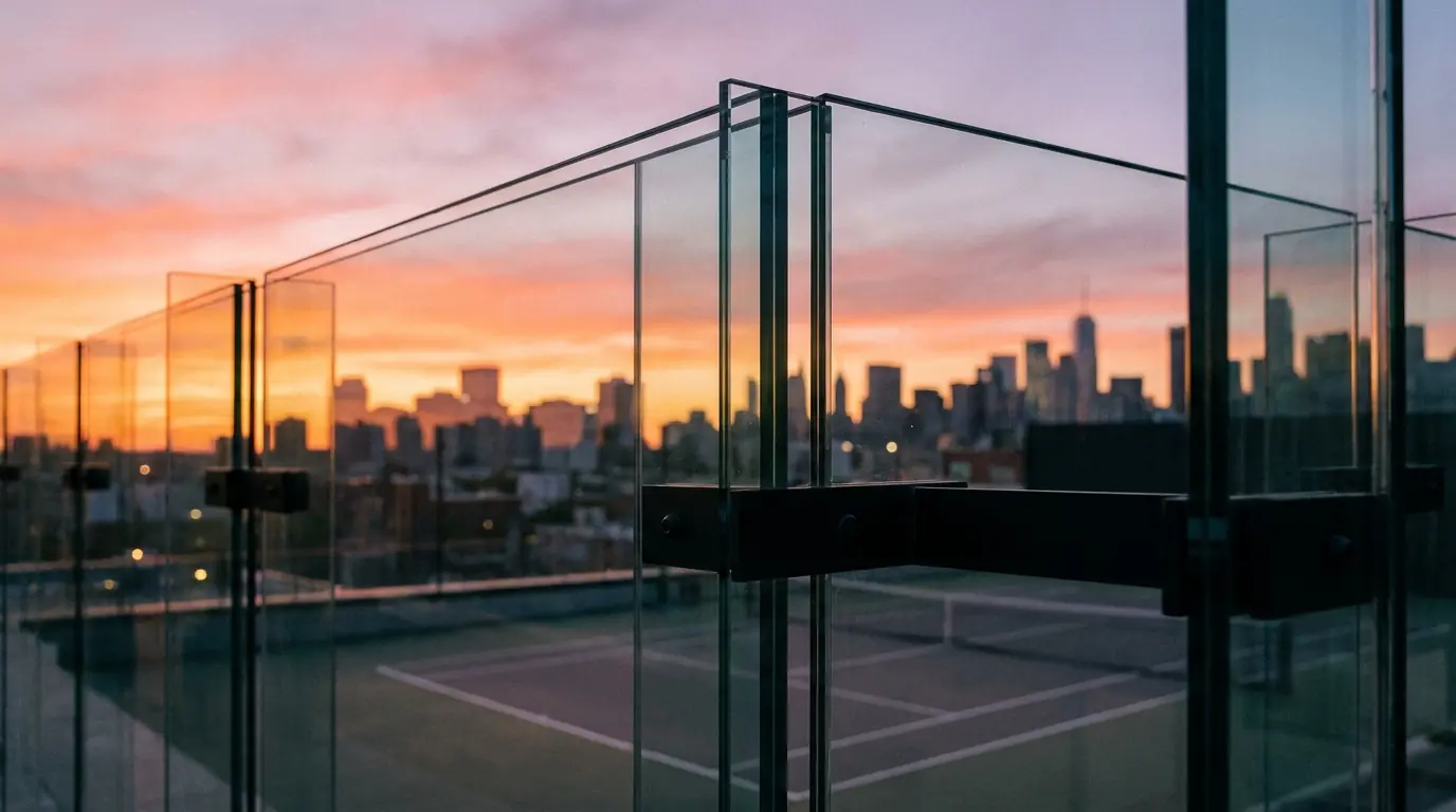 Sunset skyline reflected in a glass court wall