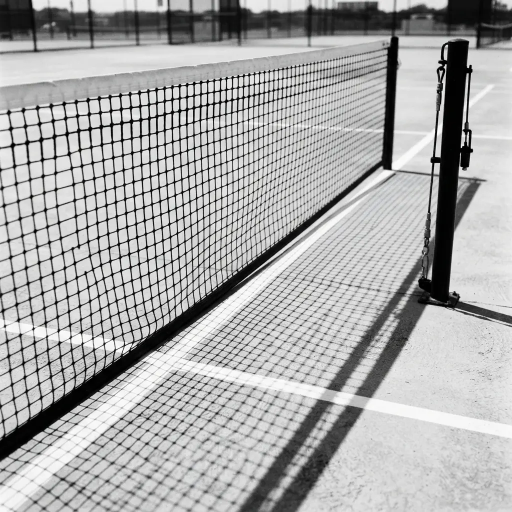 Abstract composition of a high-tension net and crisp court lines