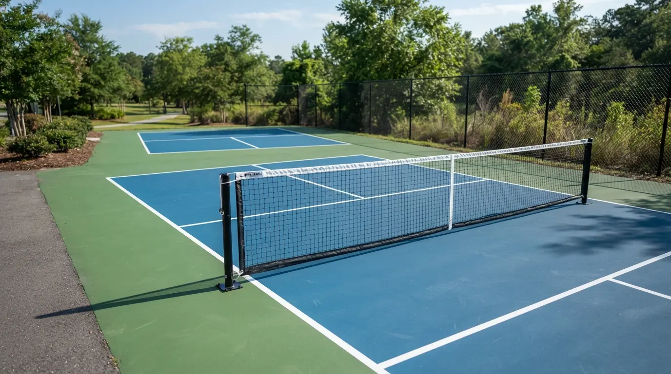 Outdoor pickleball court with blue and green surfacing