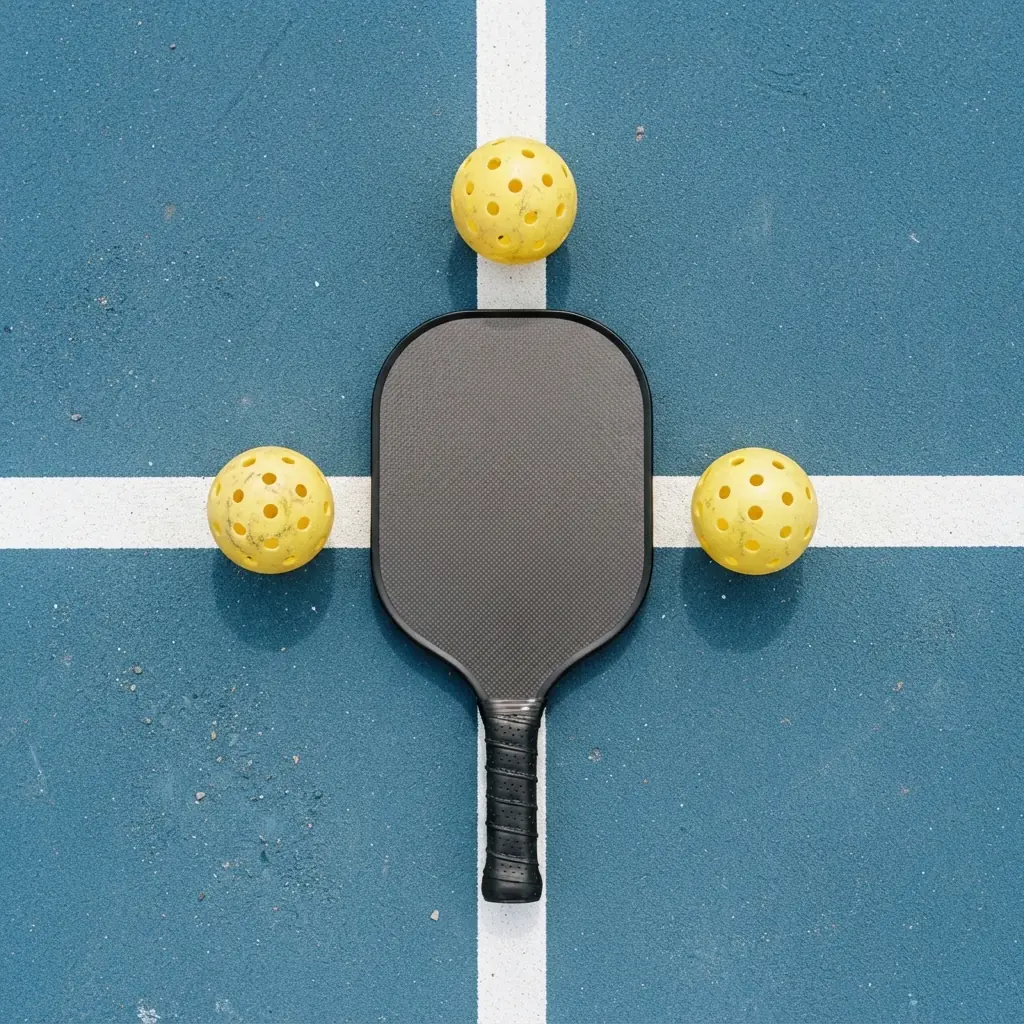 Flat lay of a pickleball paddle and three balls on a court surface