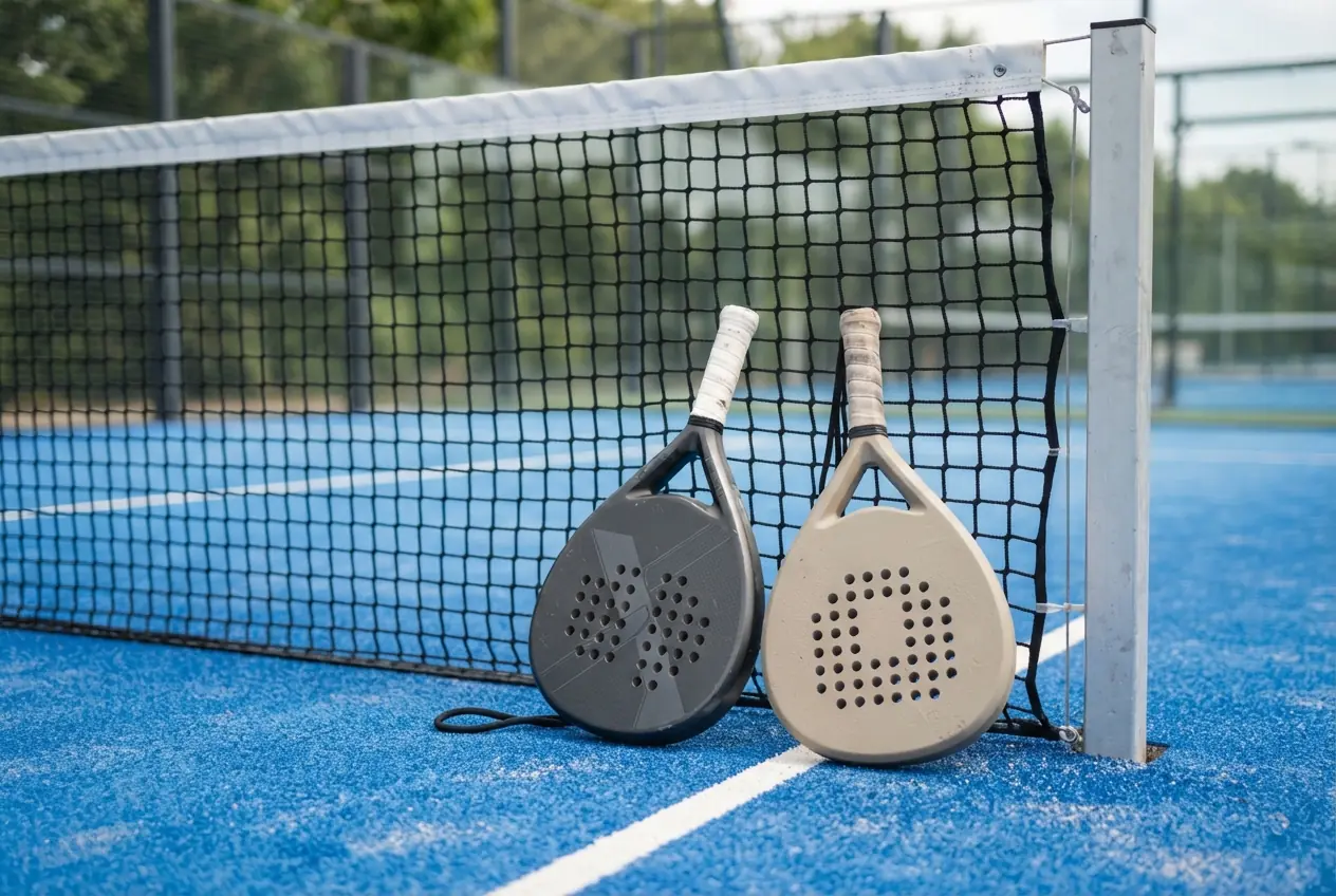 Two padel rackets leaning together
